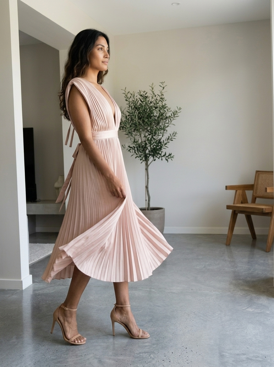 Pleated V-Neck Cap Sleeve Midi Dress, Blush styled in a daylight interior setting