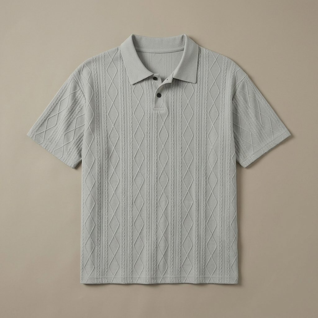 Close-up of Polo Shirt, Relaxed Diamond Knit, Light Grey fabric and detailing