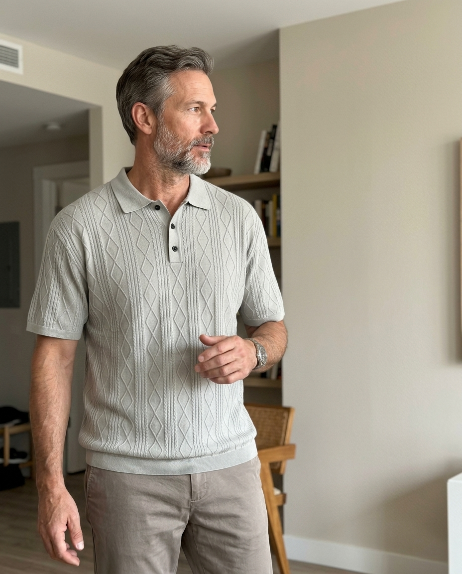 Polo Shirt, Relaxed Diamond Knit, Light Grey styled in a daylight interior setting