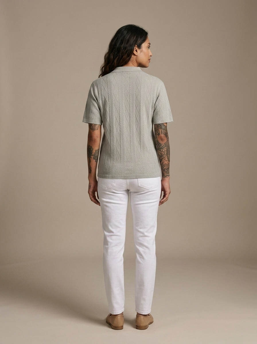 Polo Shirt, Relaxed Diamond Knit, Light Grey worn by a model, back view