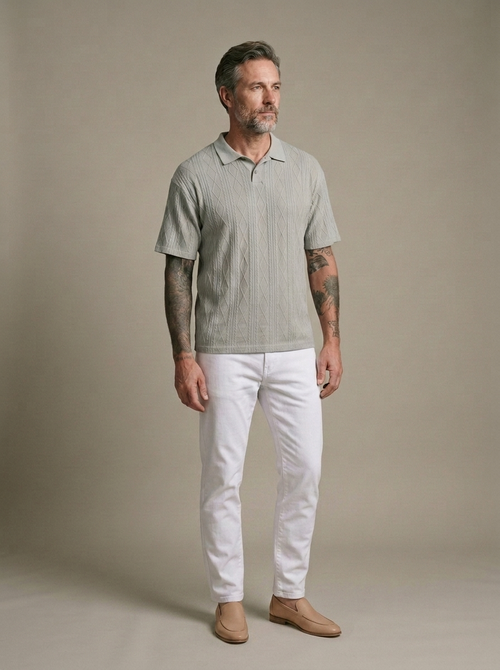 Polo Shirt, Relaxed Diamond Knit, Light Grey worn by a model, three-quarter angle