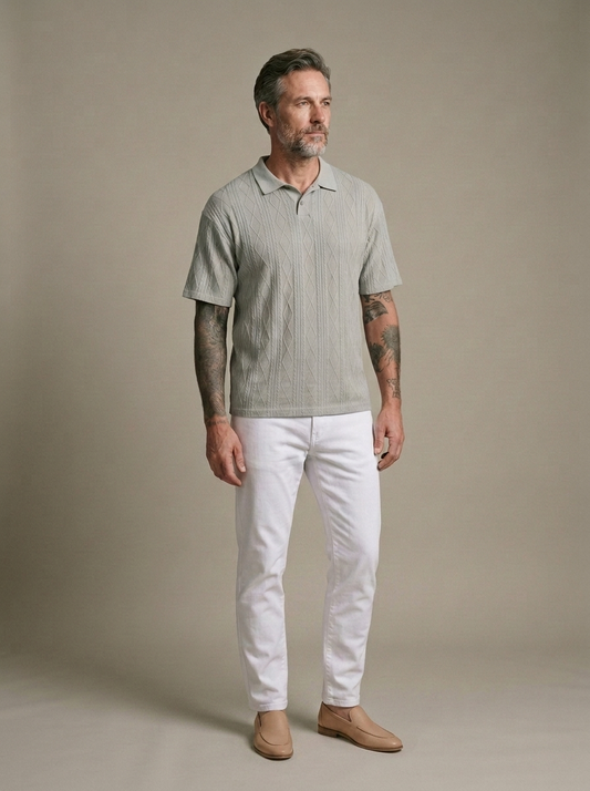 Polo Shirt, Relaxed Diamond Knit, Light Grey worn by a model, three-quarter angle