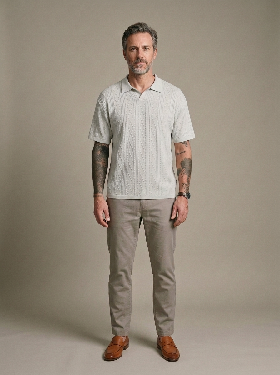 Polo Shirt, Relaxed Diamond Knit, Light Grey worn by a model, front view