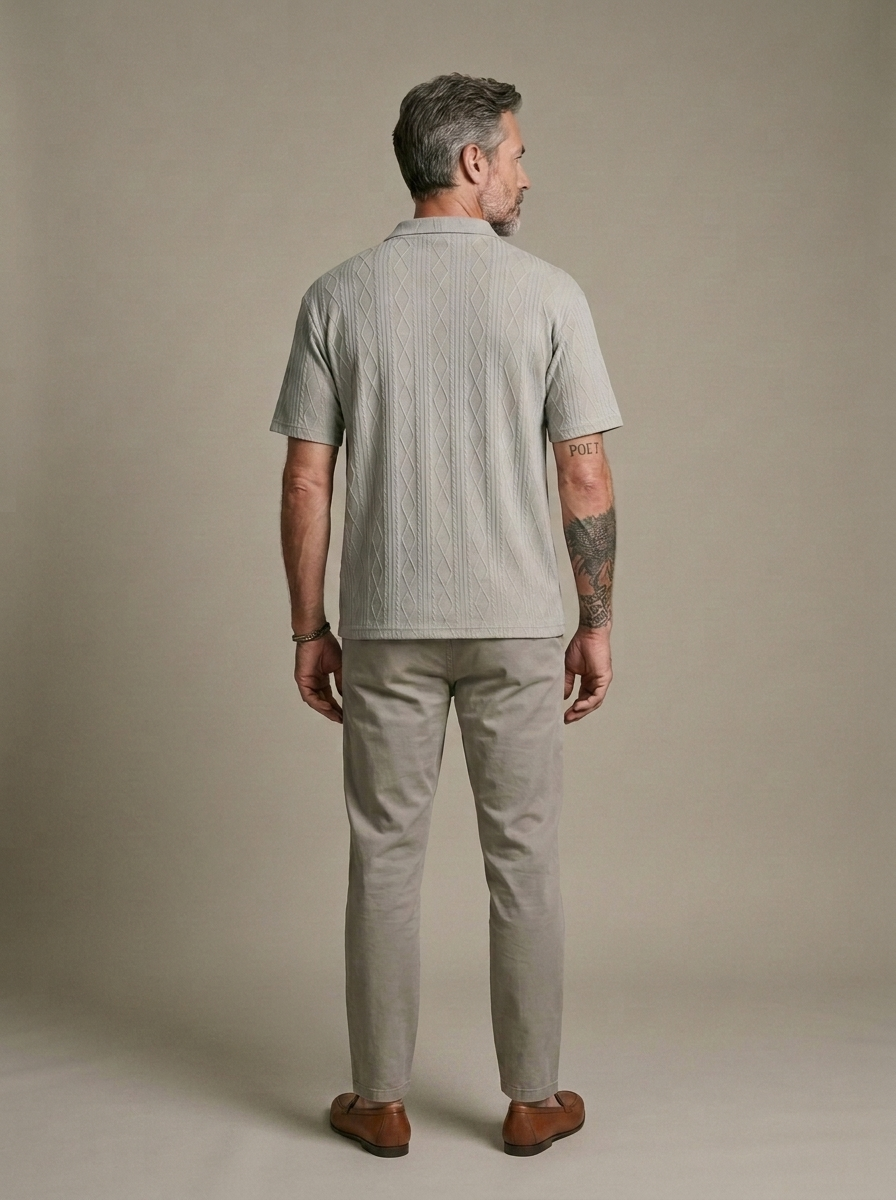 Polo Shirt, Relaxed Diamond Knit, Light Grey worn by a model, back view