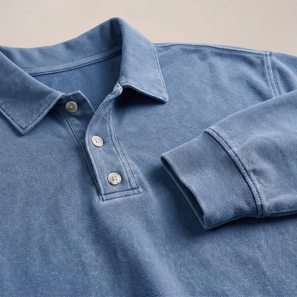 Close-up of Polo Shirt, Washed Cotton Long Sleeve fabric and detailing