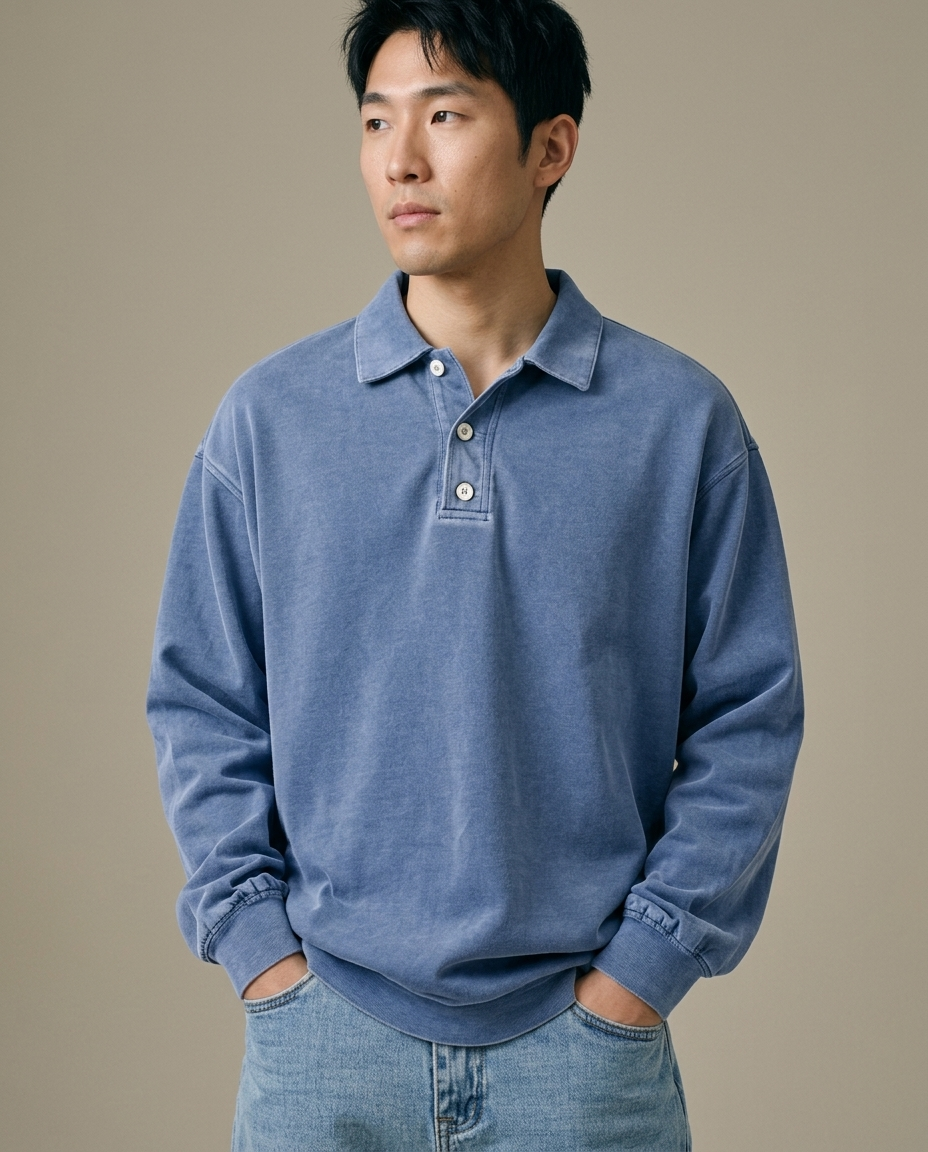 Polo Shirt, Washed Cotton Long Sleeve worn by a model, close waist-up view