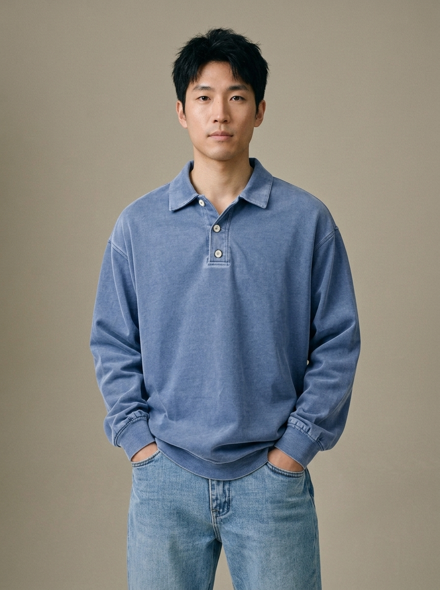 Polo Shirt, Washed Cotton Long Sleeve worn by a model, front view
