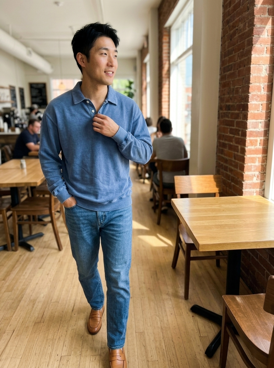 Polo Shirt, Washed Cotton Long Sleeve styled in a daylight interior setting