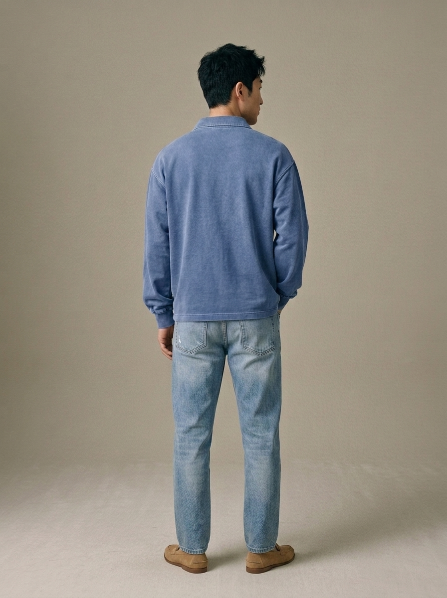 Polo Shirt, Washed Cotton Long Sleeve worn by a model, back view