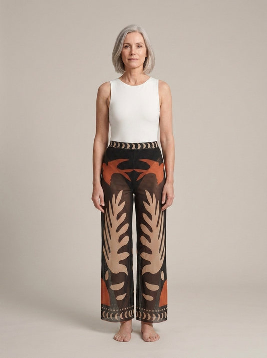 Printed Mesh Wide-Leg Trousers worn by a model, front view