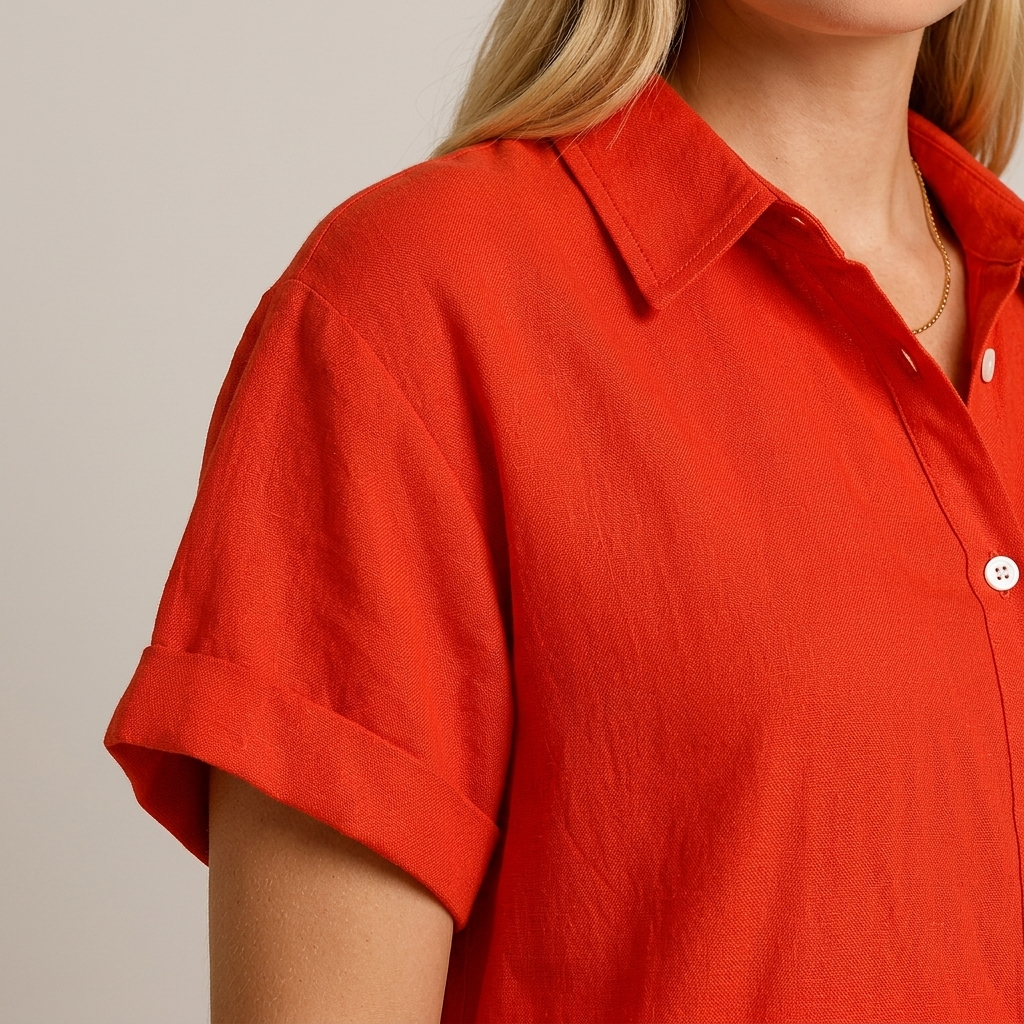 Close-up of Red Linen Button-Front Midi Shirt Dress detail