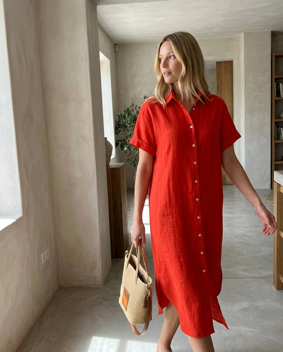 Red Linen Button-Front Midi Shirt Dress styled in a daylight interior setting