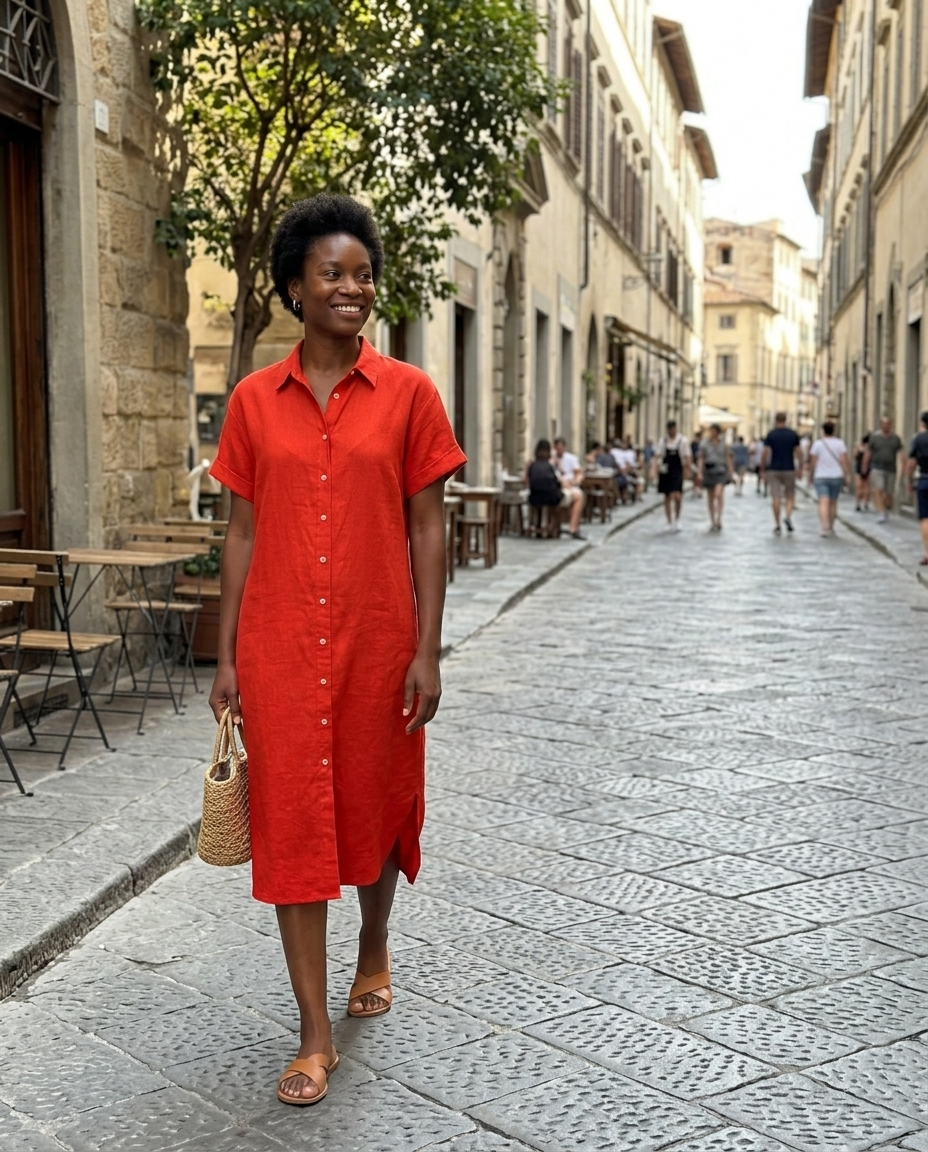 Red Linen Button-Front Midi Shirt Dress worn in an everyday street setting