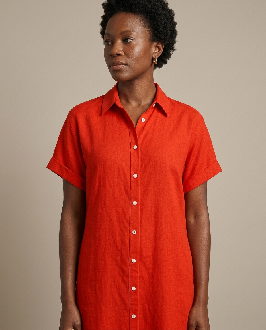 Red Linen Button-Front Midi Shirt Dress worn by a model, close waist-up view