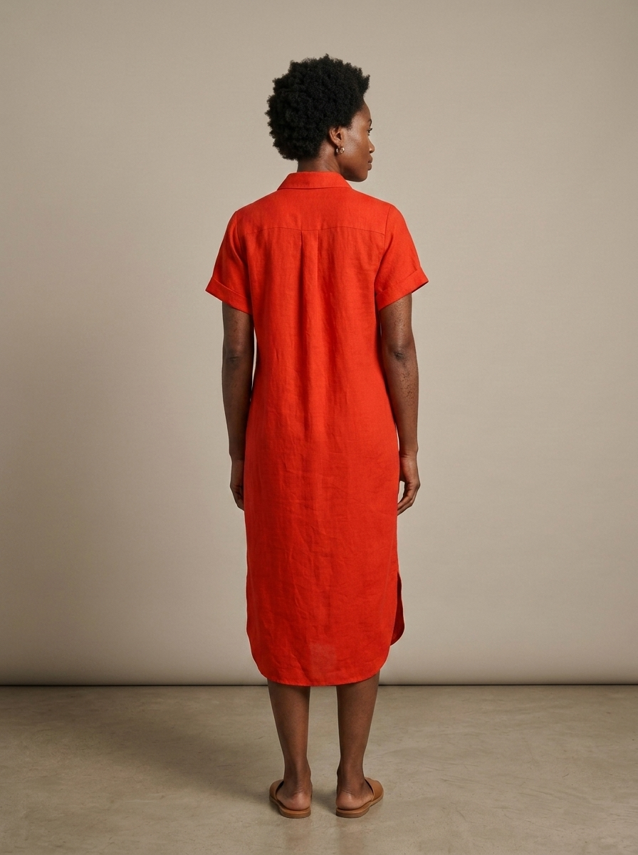 Red Linen Button-Front Midi Shirt Dress worn by a model, back view