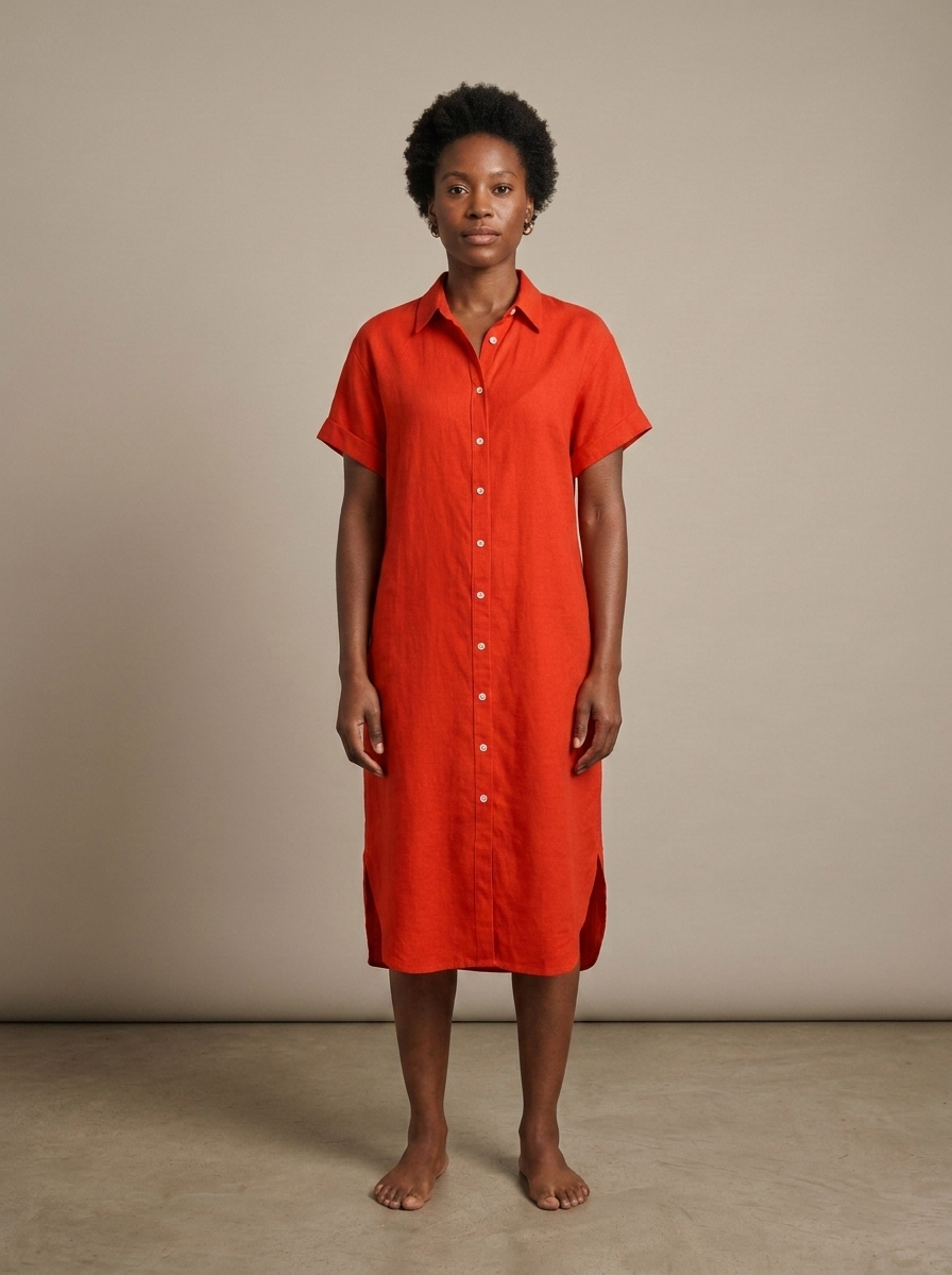 Red Linen Button-Front Midi Shirt Dress worn by a model, front view