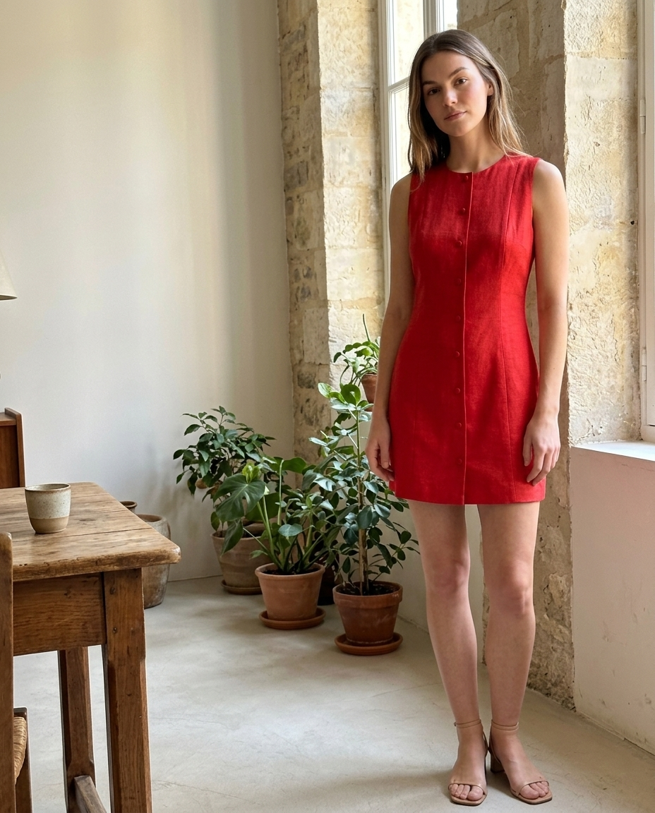 Red Sleeveless Button-Front Mini Dress styled in a daylight interior setting