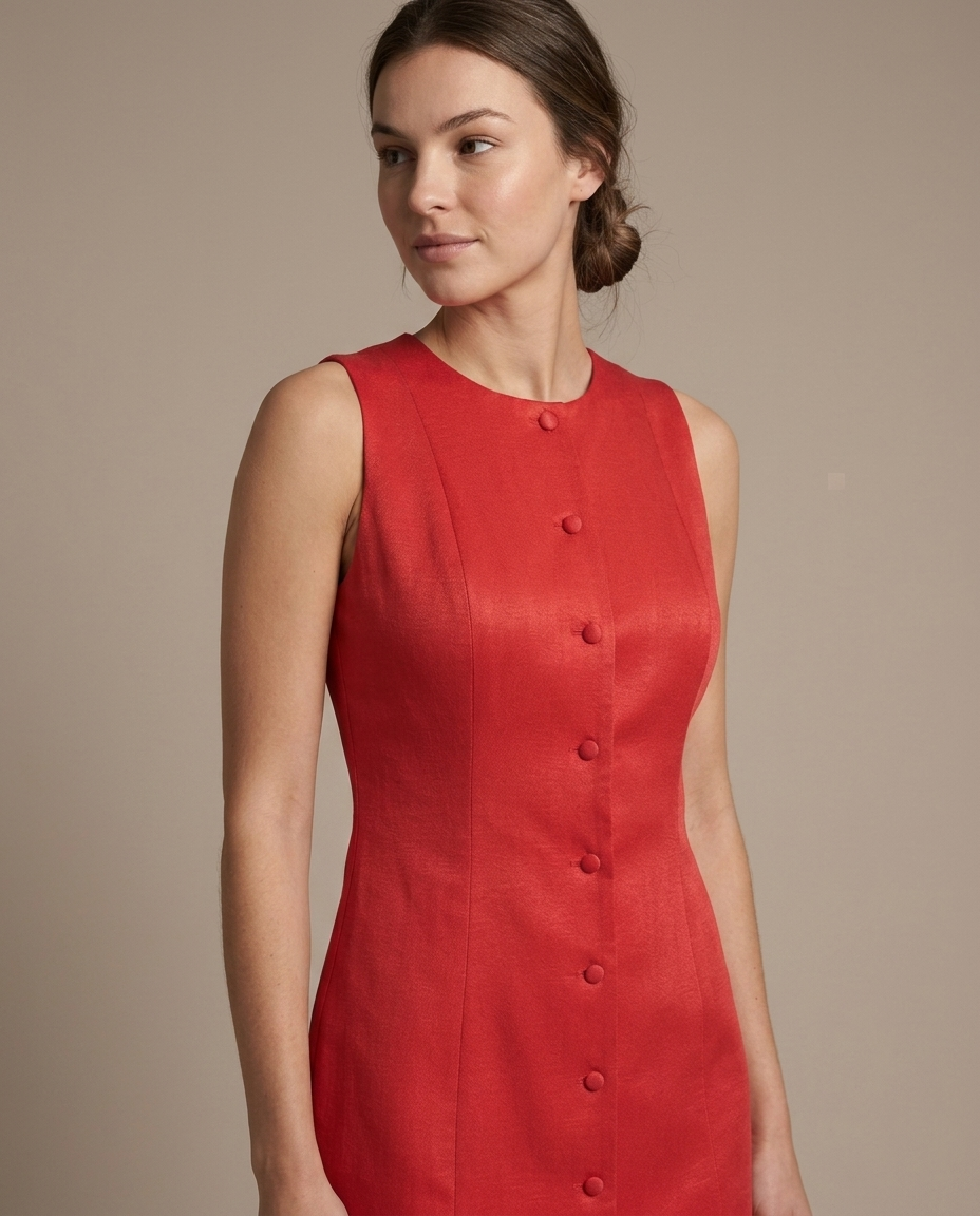 Red Sleeveless Button-Front Mini Dress worn by a model, close waist-up view