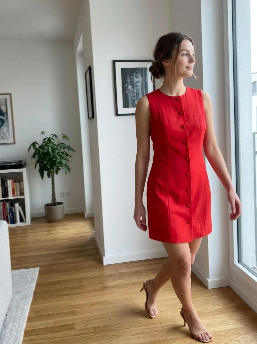 Red Sleeveless Button-Front Mini Dress styled in a daylight interior setting