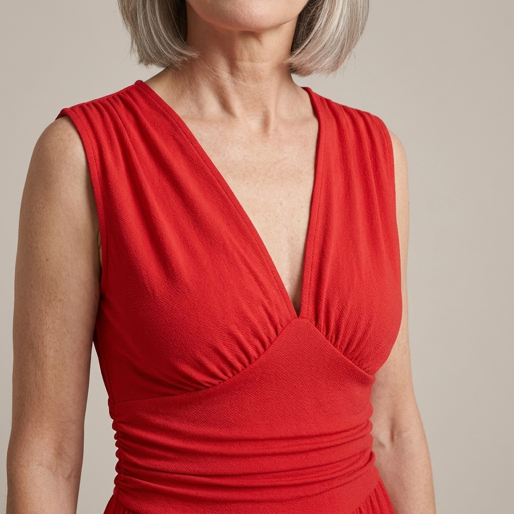 Close-up of Red Sleeveless Jumpsuit, Ruched Wide-Leg detail