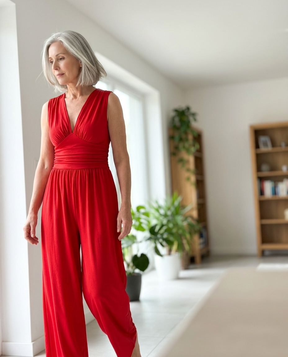 Red Sleeveless Jumpsuit, Ruched Wide-Leg styled in a daylight interior setting
