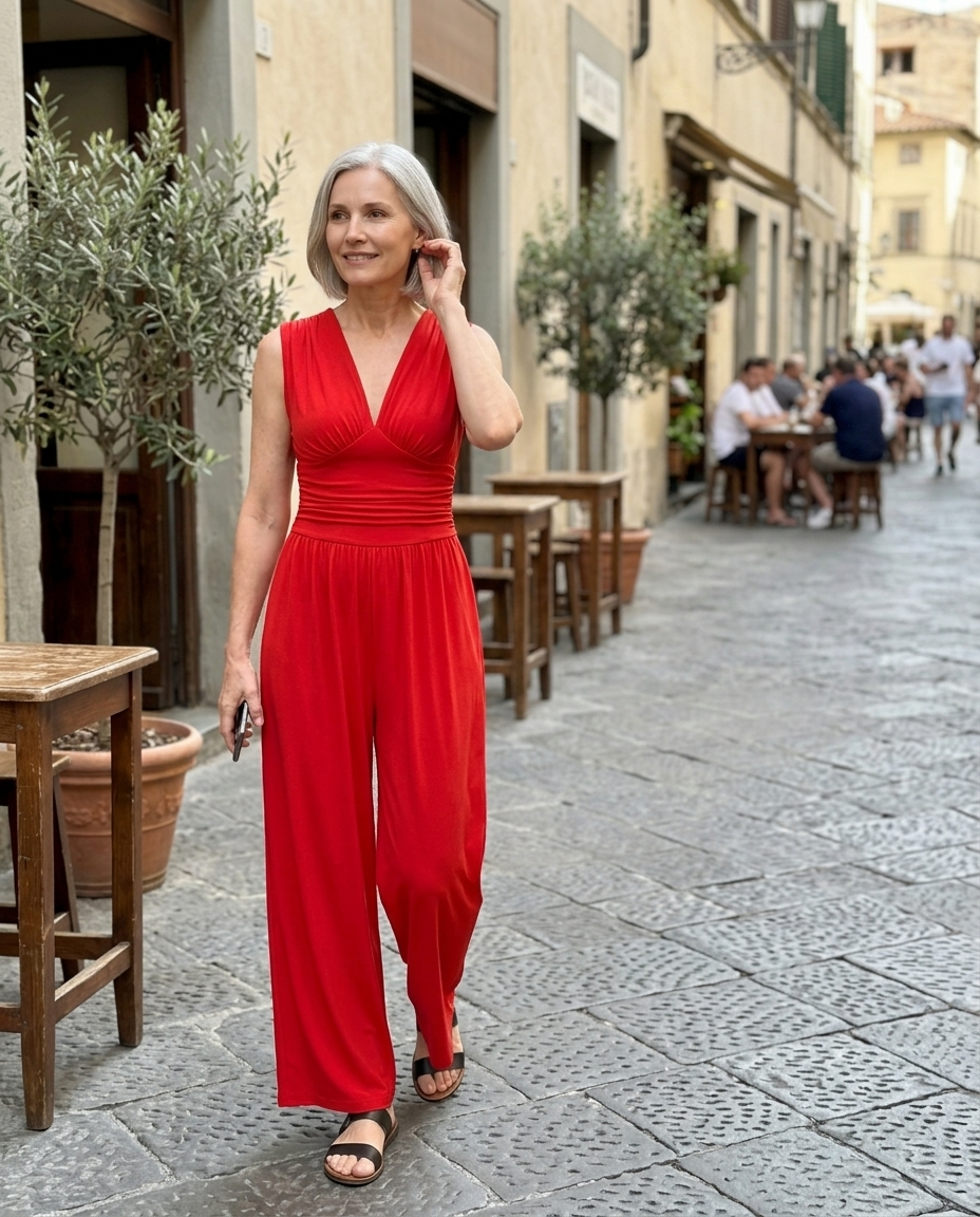 Red Sleeveless Jumpsuit, Ruched Wide-Leg worn in an everyday street setting