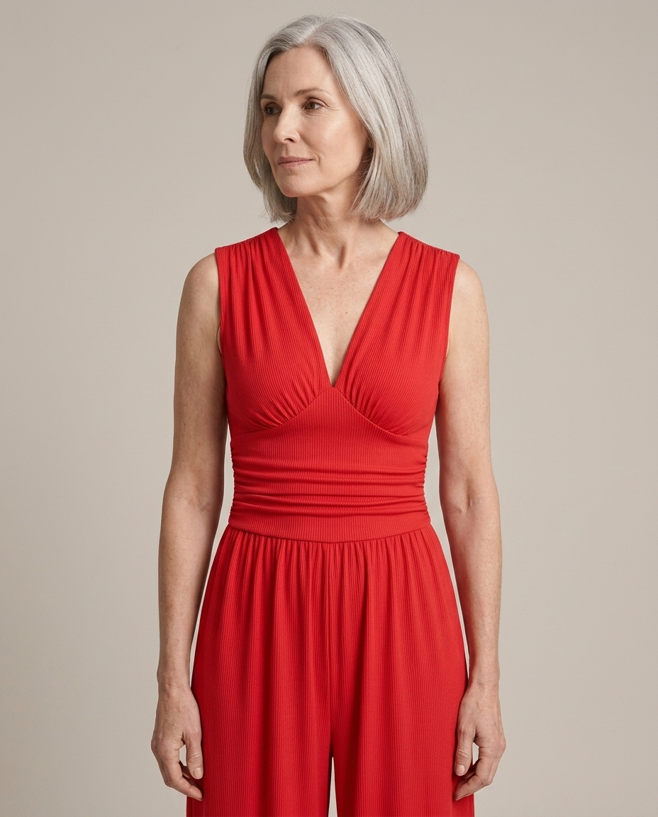 Red Sleeveless Jumpsuit, Ruched Wide-Leg worn by a model, close waist-up view