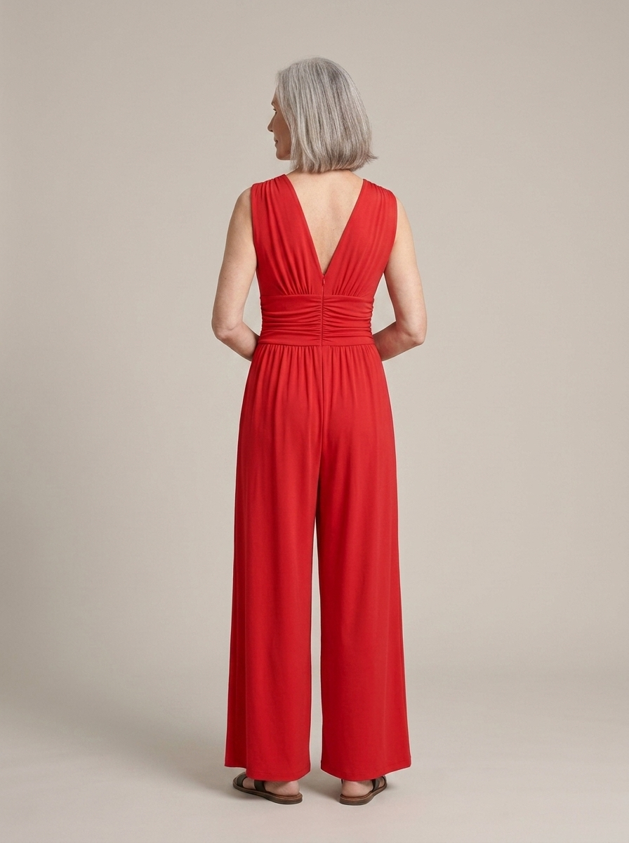 Red Sleeveless Jumpsuit, Ruched Wide-Leg worn by a model, back view