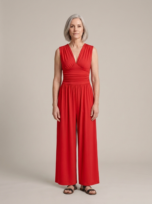 Red Sleeveless Jumpsuit, Ruched Wide-Leg worn by a model, front view
