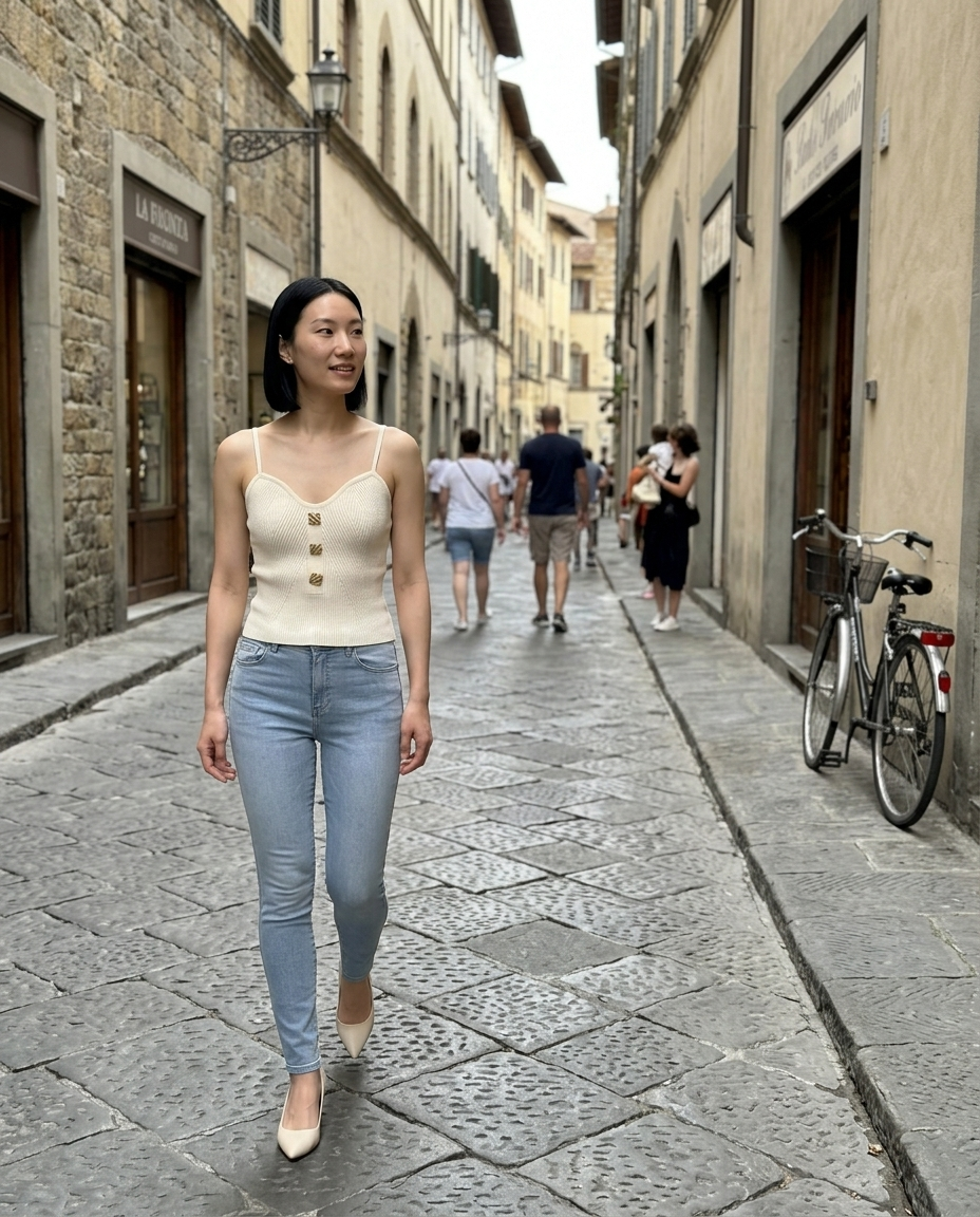 Ribbed Knit Cami Top, Gold Button Front worn in an everyday street setting