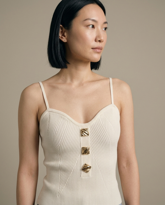 Ribbed Knit Cami Top, Gold Button Front worn by a model, close waist-up view