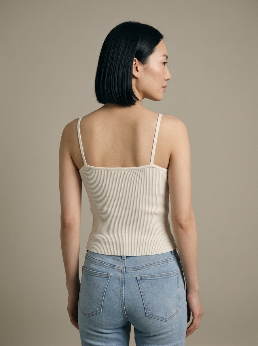 Ribbed Knit Cami Top, Gold Button Front worn by a model, back view