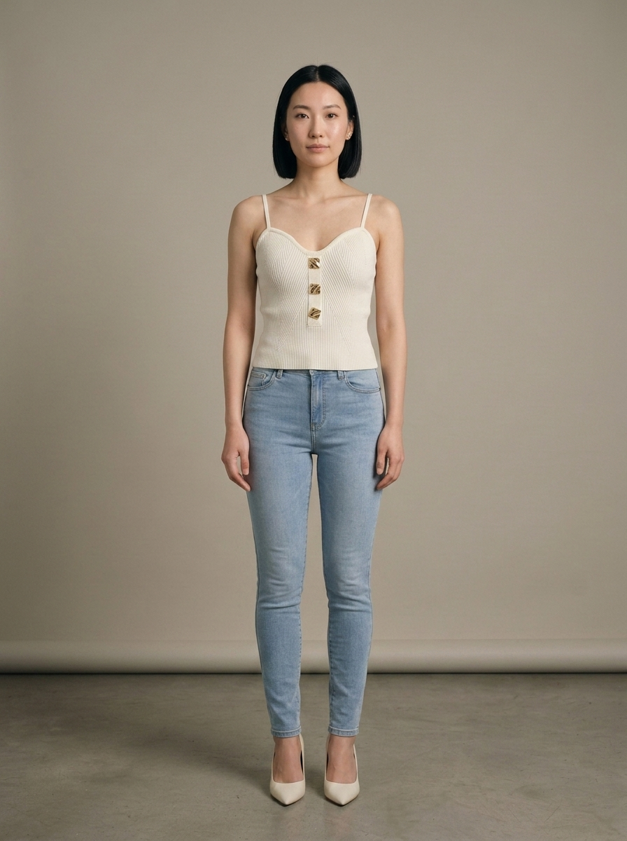 Ribbed Knit Cami Top, Gold Button Front worn by a model, front view