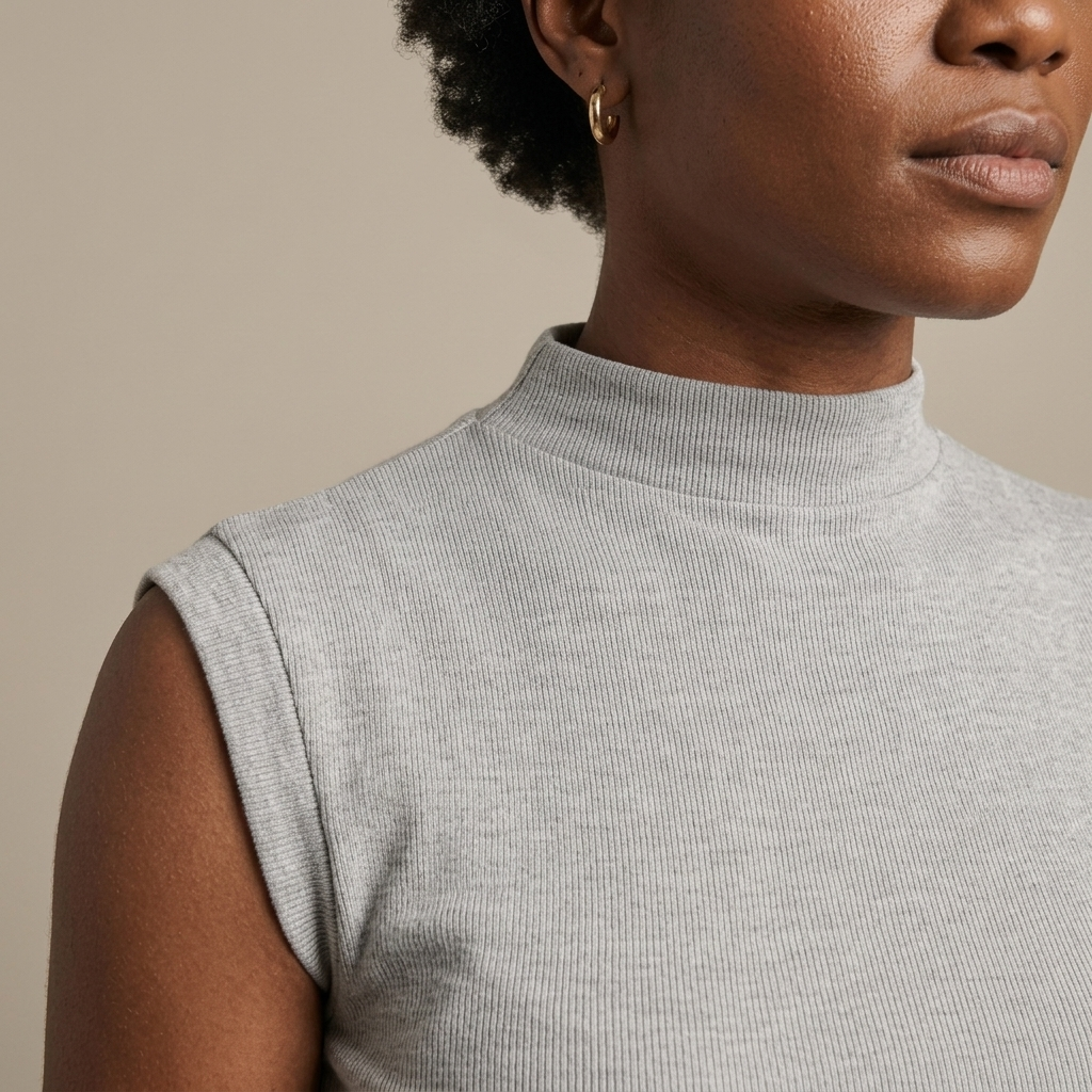 Close-up of Ribbed Knit Mock Neck Sleeveless Top detail