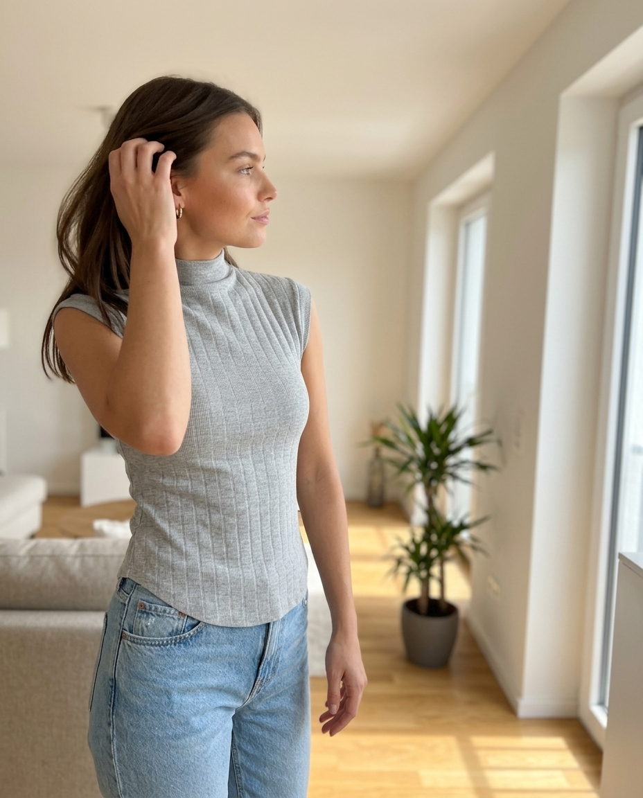 Ribbed Knit Mock Neck Sleeveless Top styled in a daylight interior setting