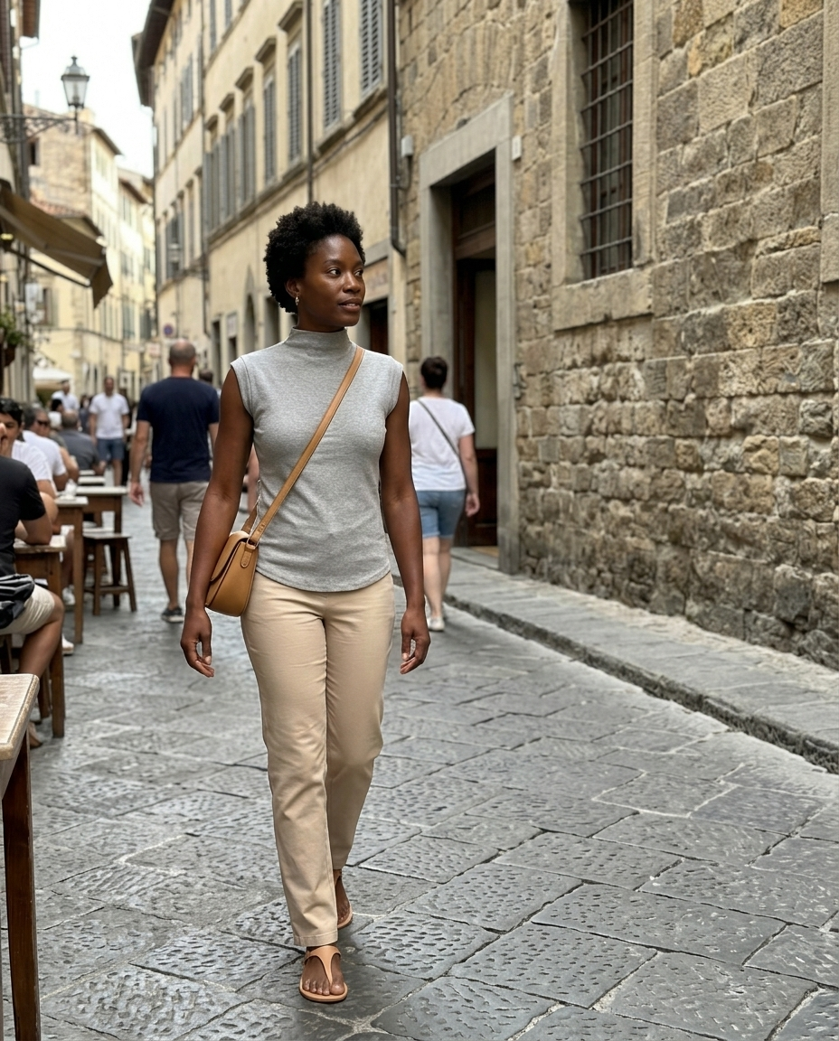 Ribbed Knit Mock Neck Sleeveless Top worn in an everyday street setting