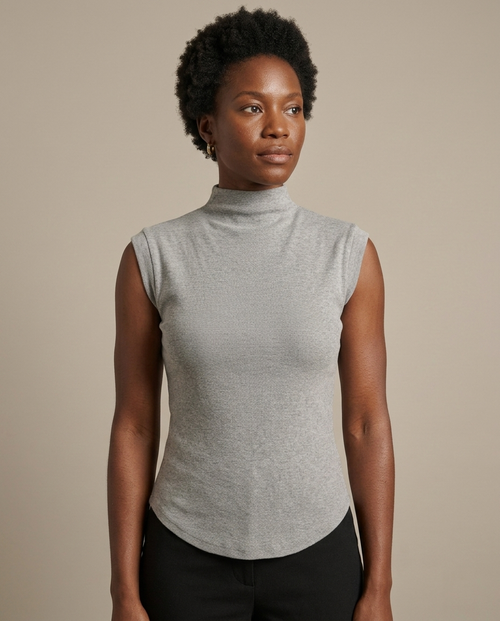 Ribbed Knit Mock Neck Sleeveless Top worn by a model, close waist-up view
