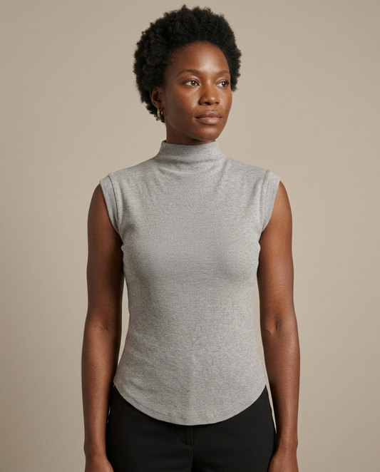 Ribbed Knit Mock Neck Sleeveless Top worn by a model, close waist-up view