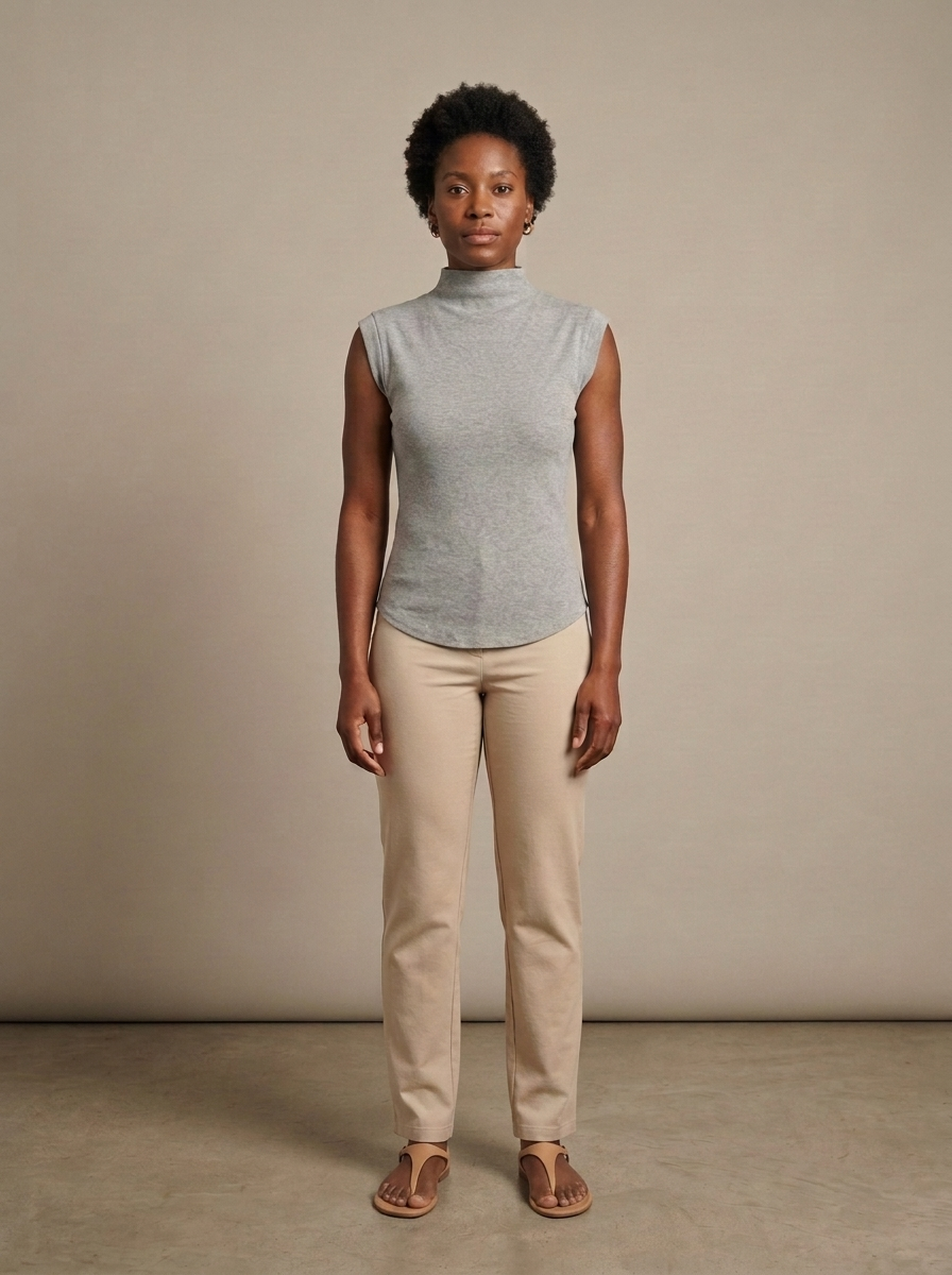Ribbed Knit Mock Neck Sleeveless Top worn by a model, front view