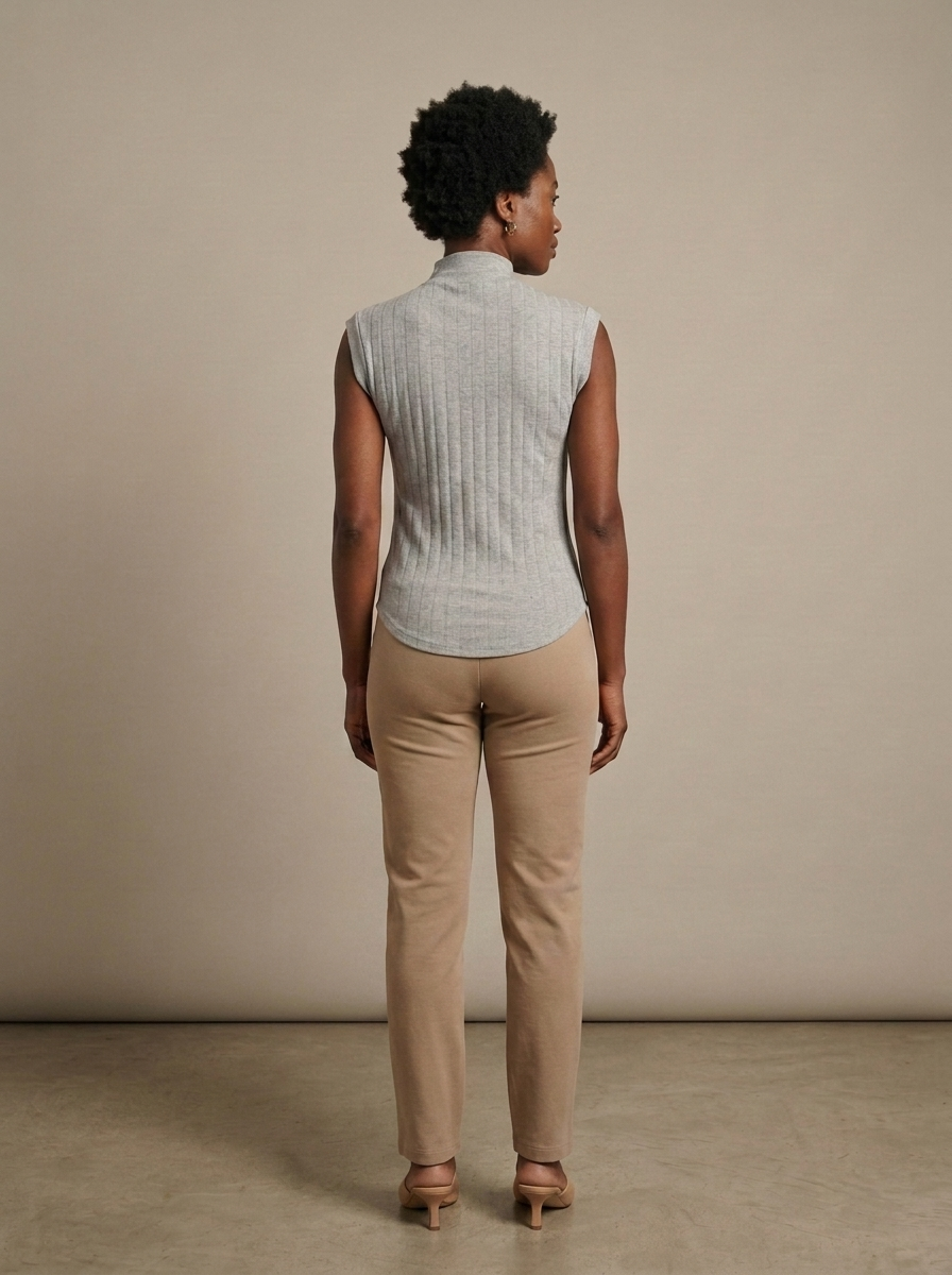 Ribbed Knit Mock Neck Sleeveless Top worn by a model, back view