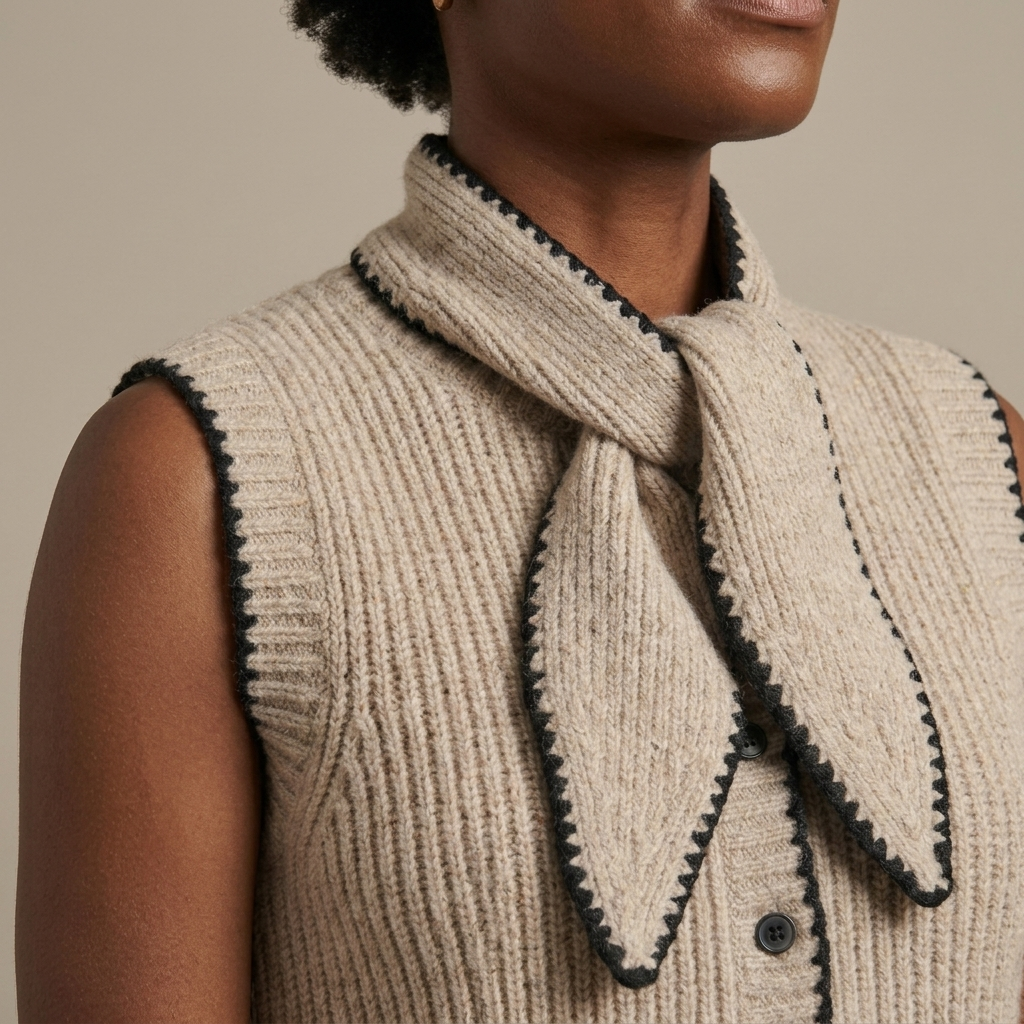 Close-up of Ribbed Knit Sleeveless Tie-Neck Vest detail