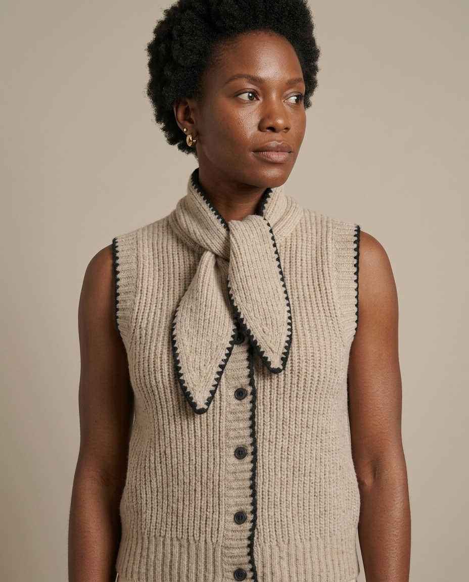 Ribbed Knit Sleeveless Tie-Neck Vest worn by a model, close waist-up view