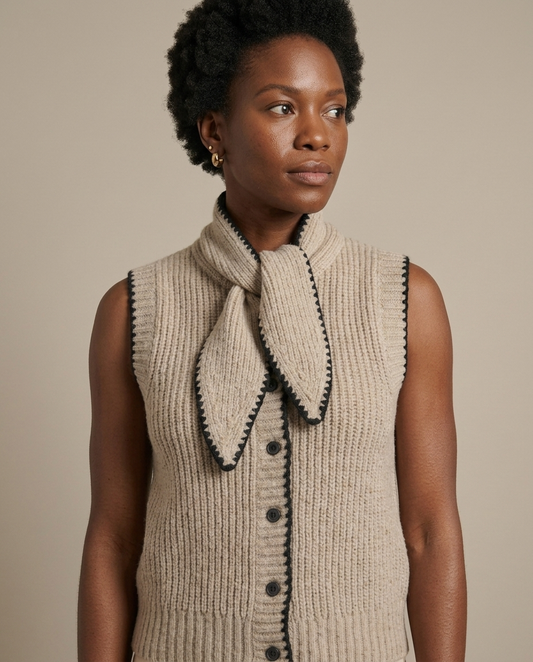 Ribbed Knit Sleeveless Tie-Neck Vest worn by a model, close waist-up view