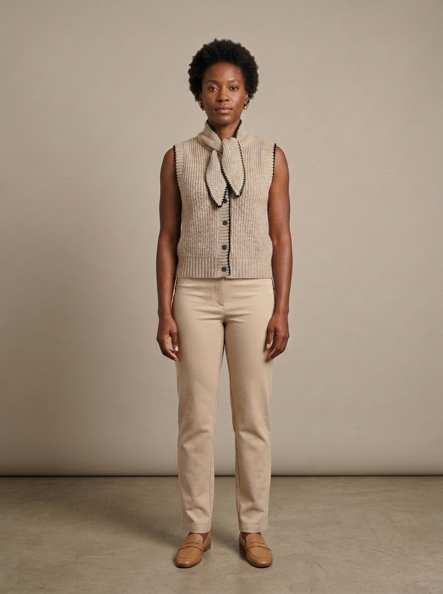 Ribbed Knit Sleeveless Tie-Neck Vest worn by a model, front view