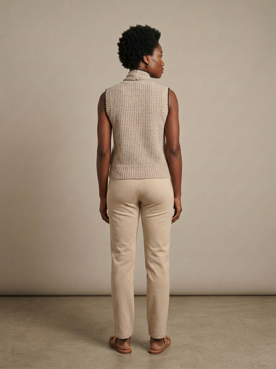 Ribbed Knit Sleeveless Tie-Neck Vest worn by a model, back view