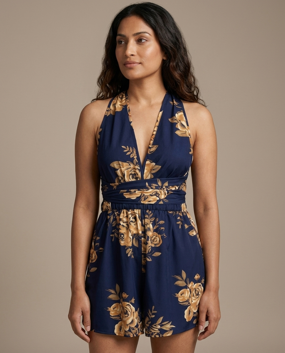 Romper Floral V-Neck Sleeveless Mini worn by a model, close waist-up view