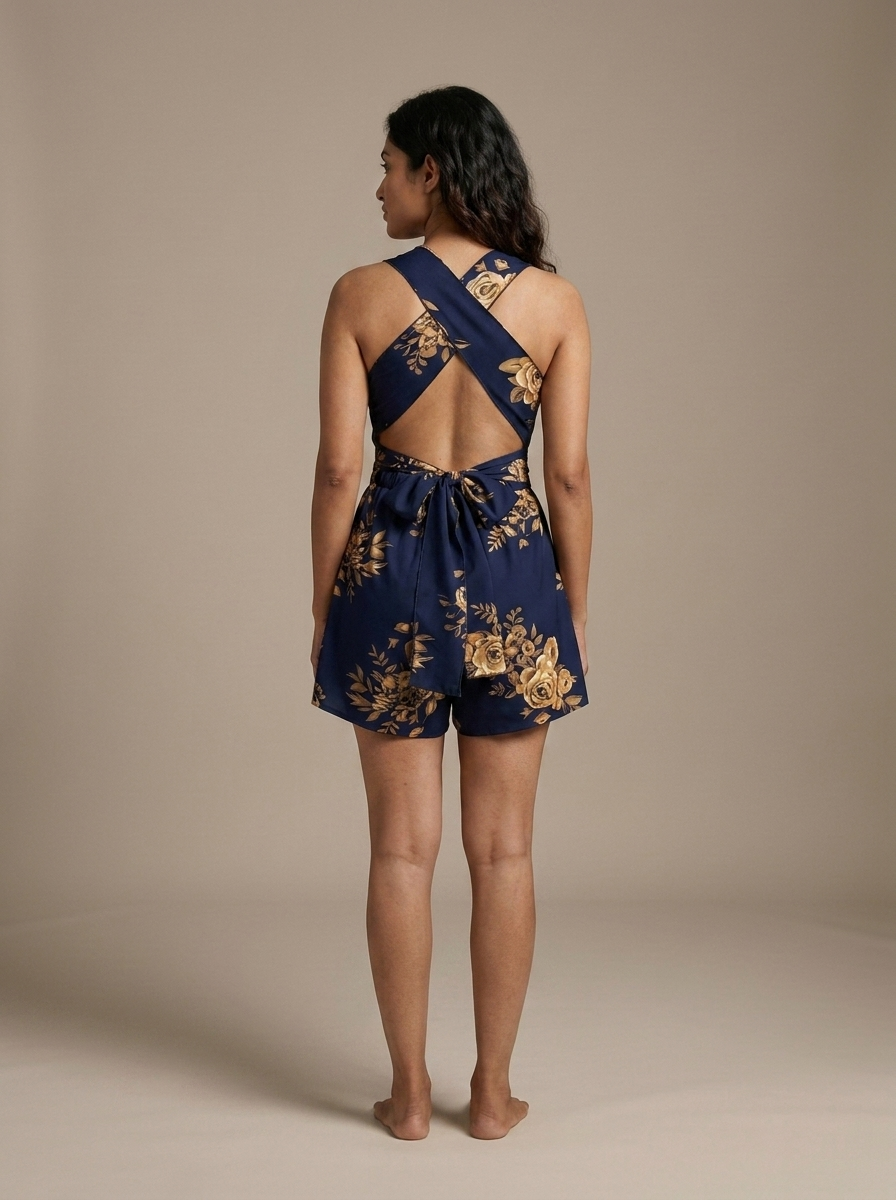 Romper Floral V-Neck Sleeveless Mini worn by a model, back view