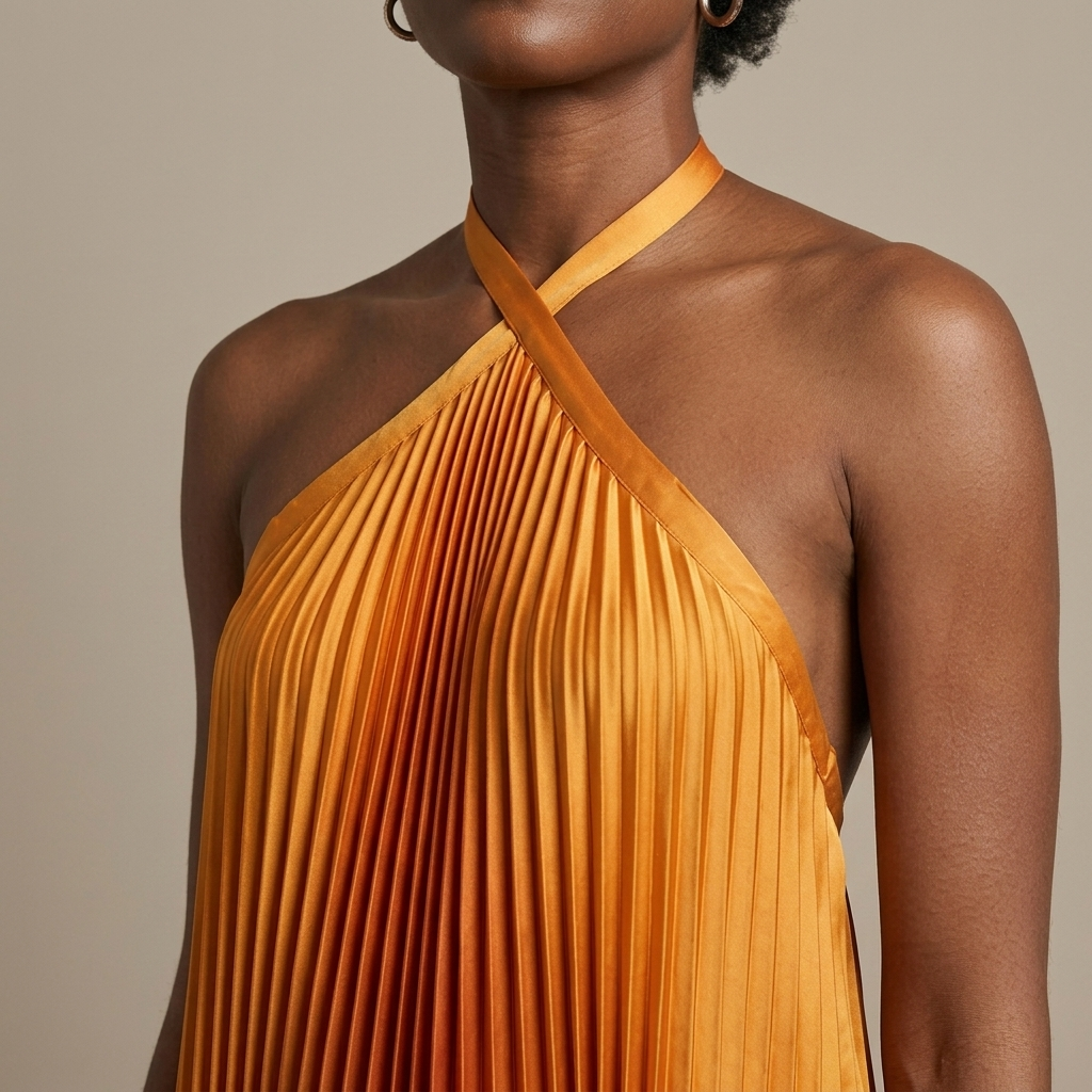 Close-up of Saffron Pleated Halter High-Low Maxi Dress detail