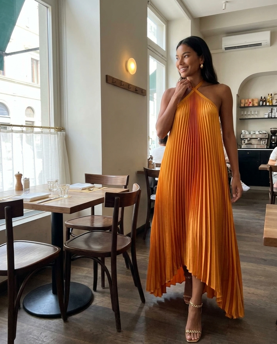Saffron Pleated Halter High-Low Maxi Dress styled in a daylight interior setting
