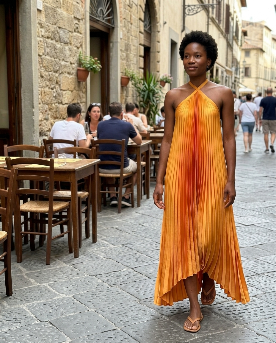 Saffron Pleated Halter High-Low Maxi Dress worn in an everyday street setting